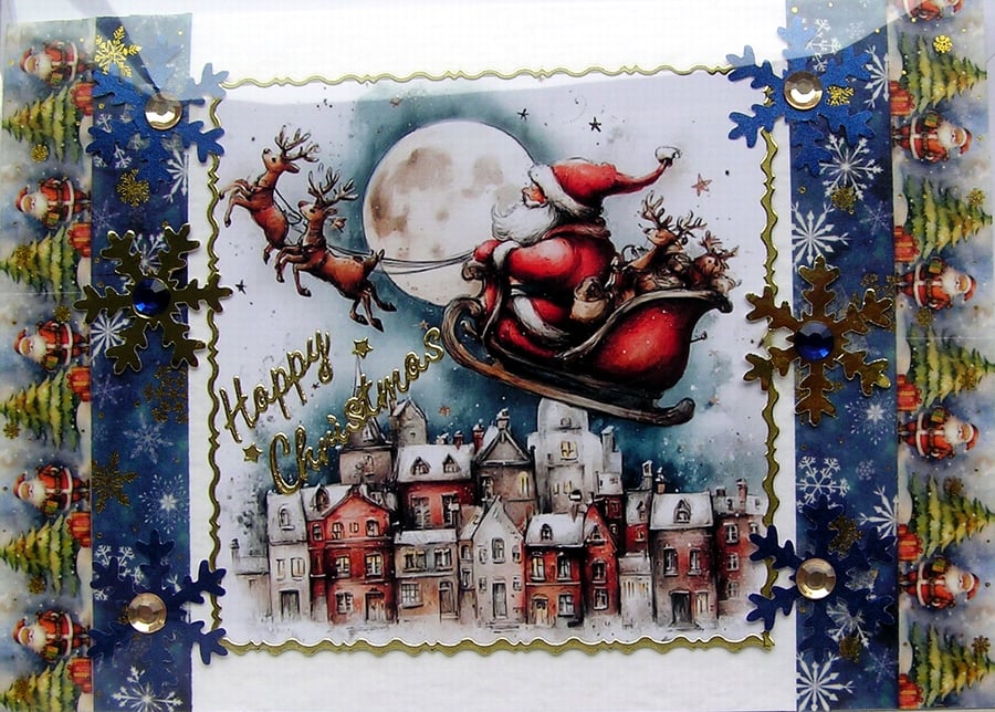 Hand Crafted Decoupage Chistmas Card - Happy Christmas (3355) Santa on Sleigh