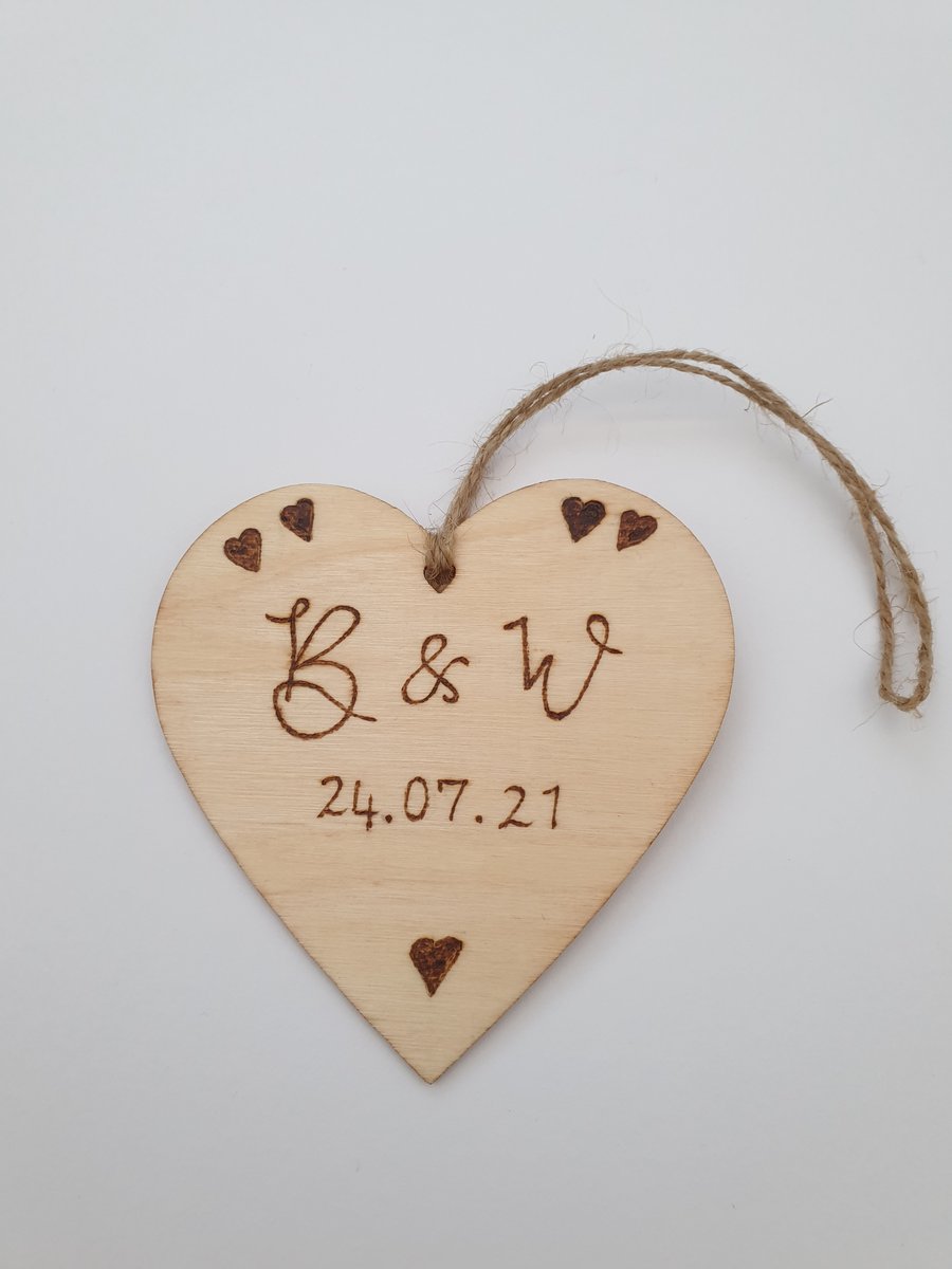 Personalise with any initials and date pyrography wooden heart