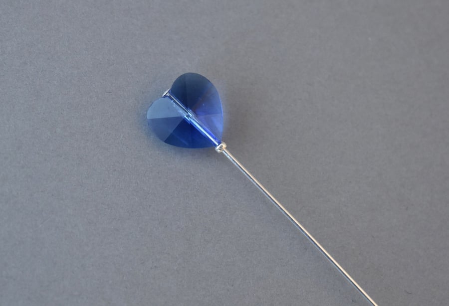 Royal Blue Heart on a Silver Hat Pin or Lapel Pin, Scarf pin, Stick Pin, Veil Pi
