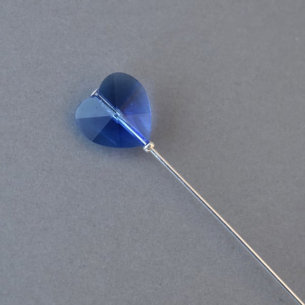 Royal Blue Heart on a Silver Hat Pin or Lapel Pin, Scarf pin, Stick Pin, Veil Pi