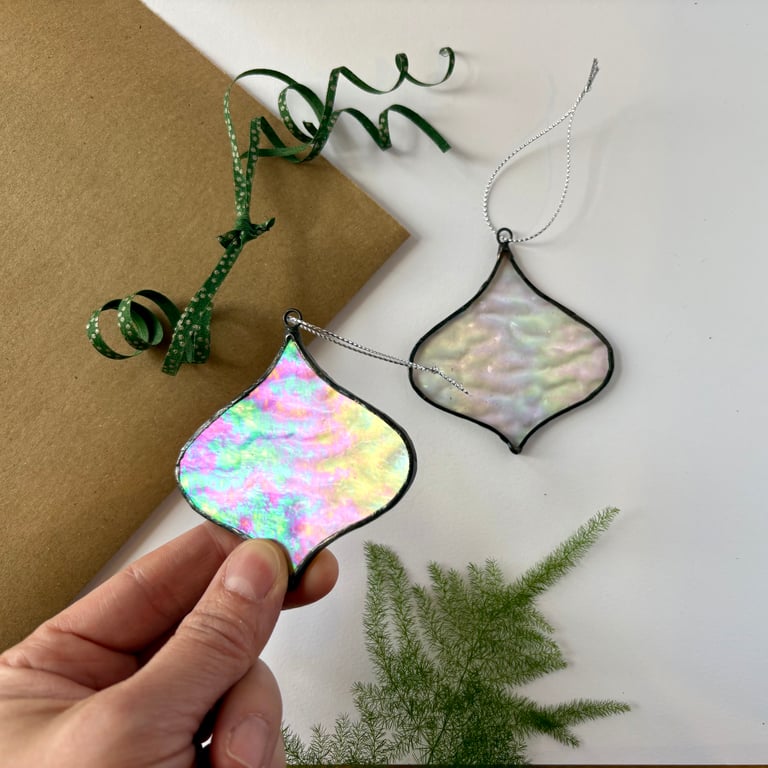 Set of two stained glass iridescent Christmas baubles, Unique Christmas decor