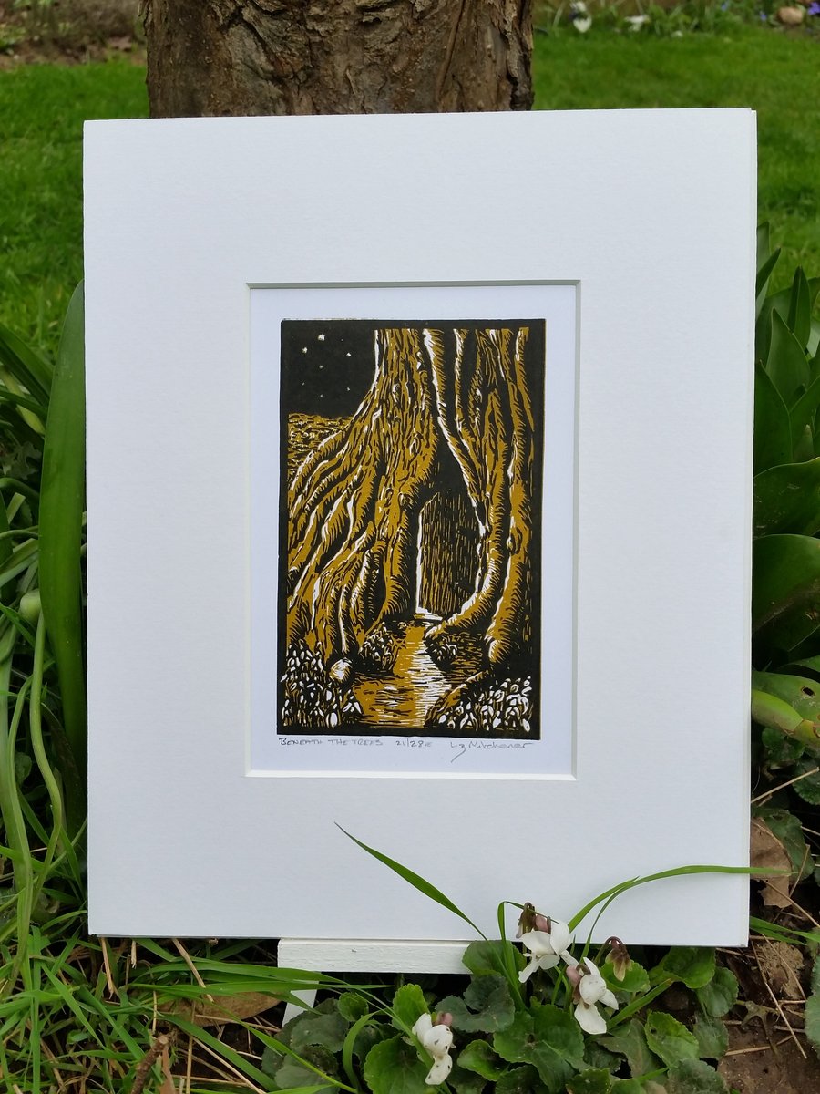 limited variable edition linocut, "Beneath The Trees" - Ochre