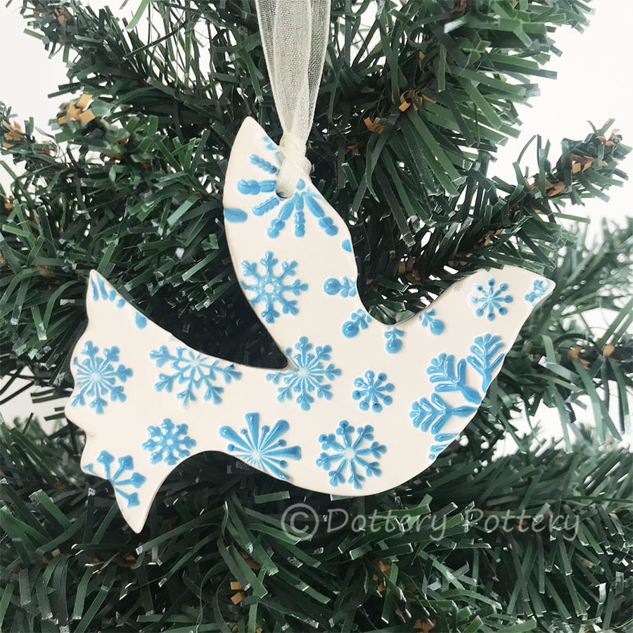 Snowy white dove (blue) ceramic Christmas decoration