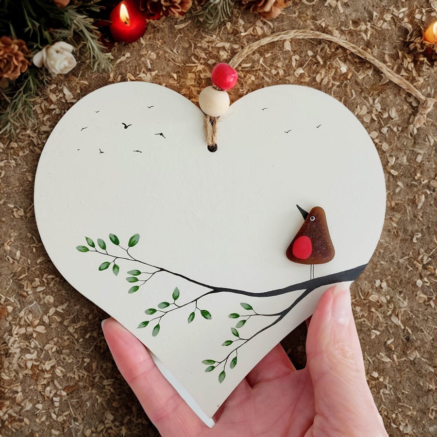 Sea Glass Robin Heart Decoration - Beach Glass Ornament on Wooden Heart