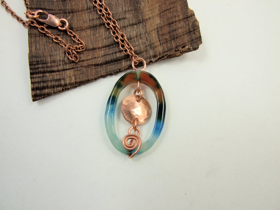 Blue Agate Pendant with Copper. Wire Wrapped Gemstone Necklace with Scrolls