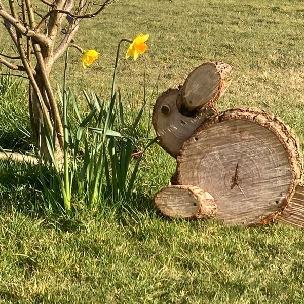 Hand crafted real log slice wooden easter bunny rabbit garden ornament 