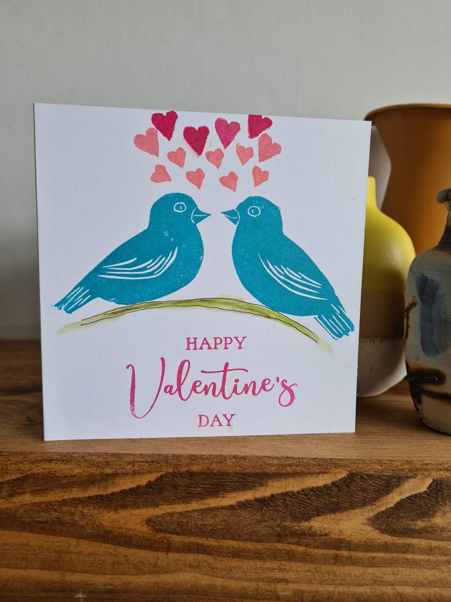 Handprinted lovebirds Valentine's Day card