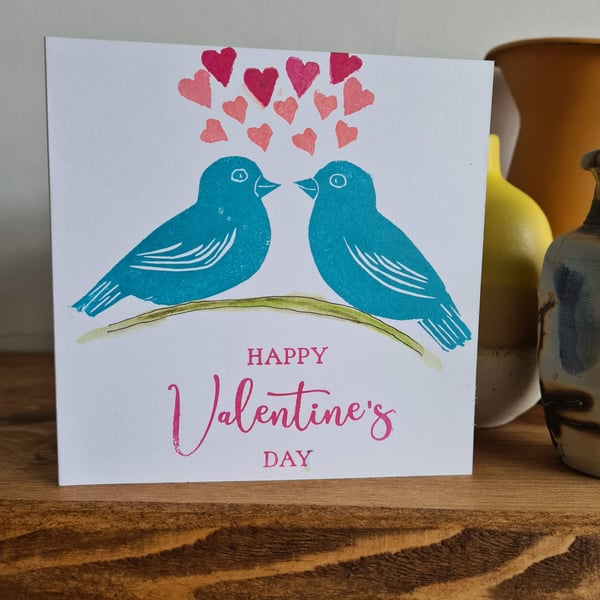 Handprinted lovebirds Valentine's Day card