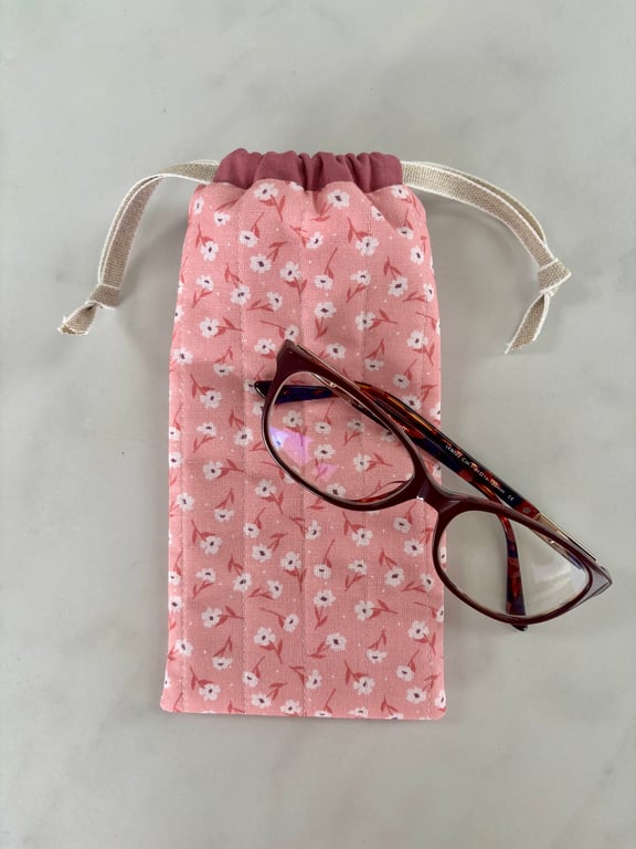 Glasses case, sunglasses pouch, padded, with drawstring,  in pink floral cotton