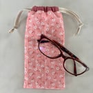 Glasses case, sunglasses pouch, padded, with drawstring,  in pink floral cotton