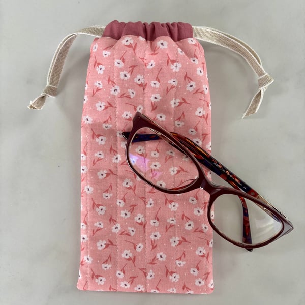 Glasses case, sunglasses pouch, padded, with drawstring,  in pink floral cotton