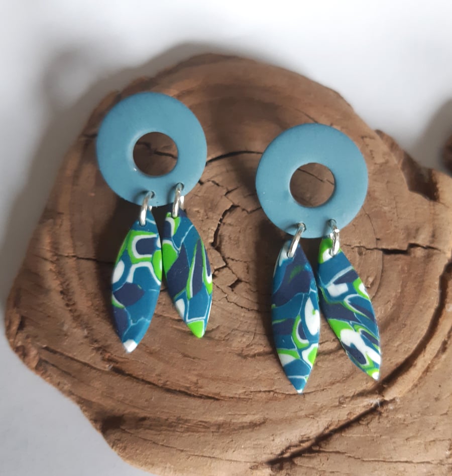 Hoop stud earrings, Leaf dangles, Polymer clay studs, Blue studs