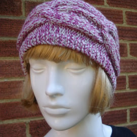 Hand Knitted Chunky Yarn Headband With Cable Pattern Pink And Cream (R643)