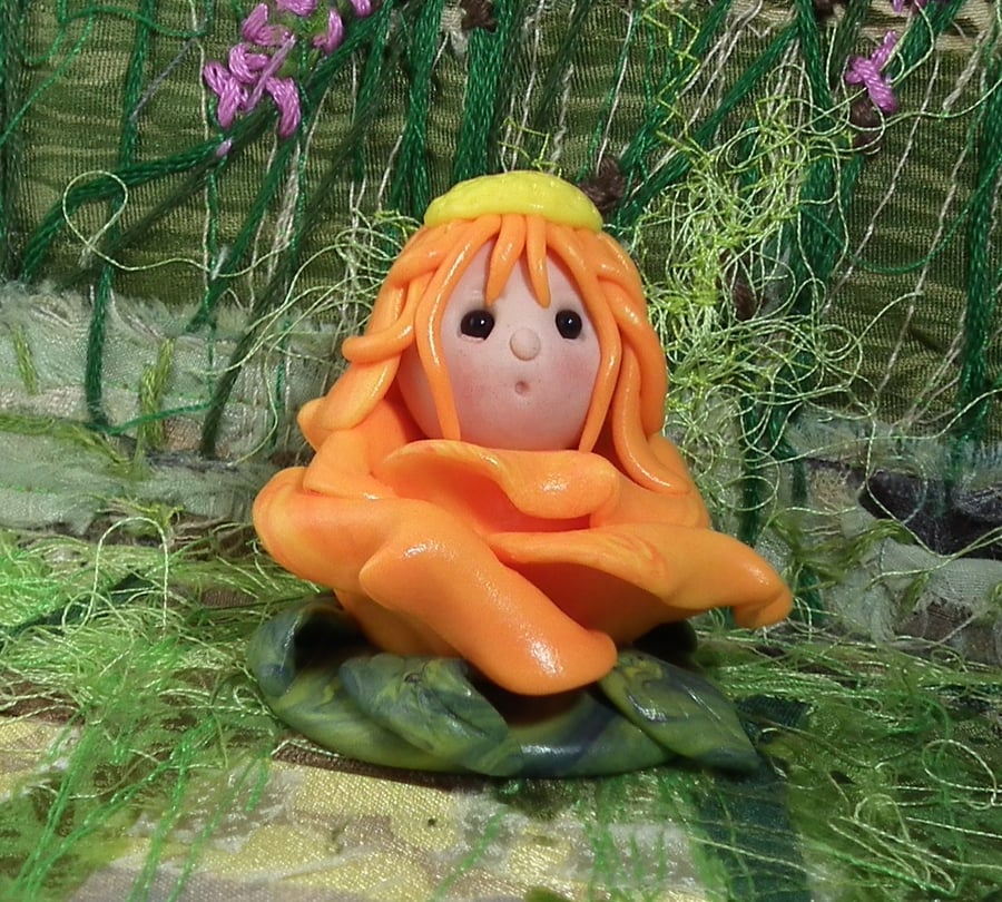 Tiny Blossom Gnome 'Marigold' flower tableau OOAK Sculpt by Ann Galvin