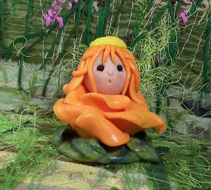 Tiny Blossom Gnome 'Marigold' flower tableau OOAK Sculpt by Ann Galvin