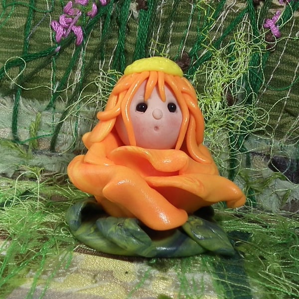 Tiny Blossom Gnome 'Marigold' flower tableau OOAK Sculpt by Ann Galvin