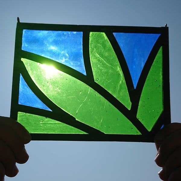 Stained glass leaf leaded panel - abstract green and blue. 