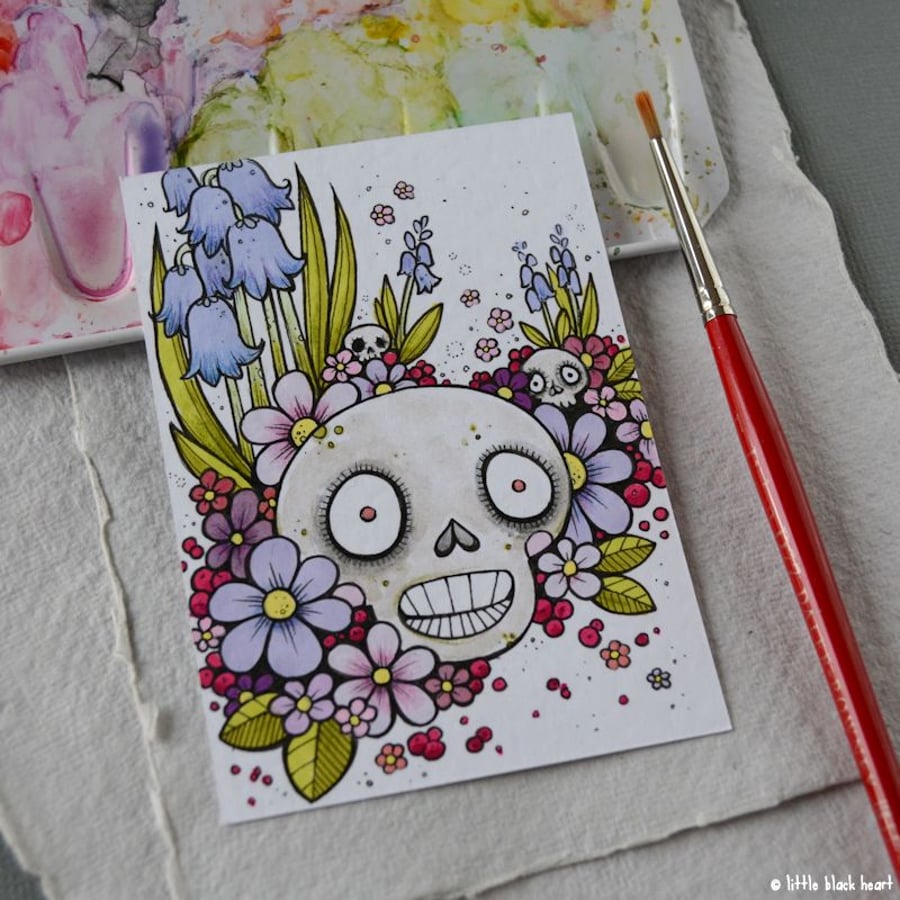 bluebells skull - original aceo