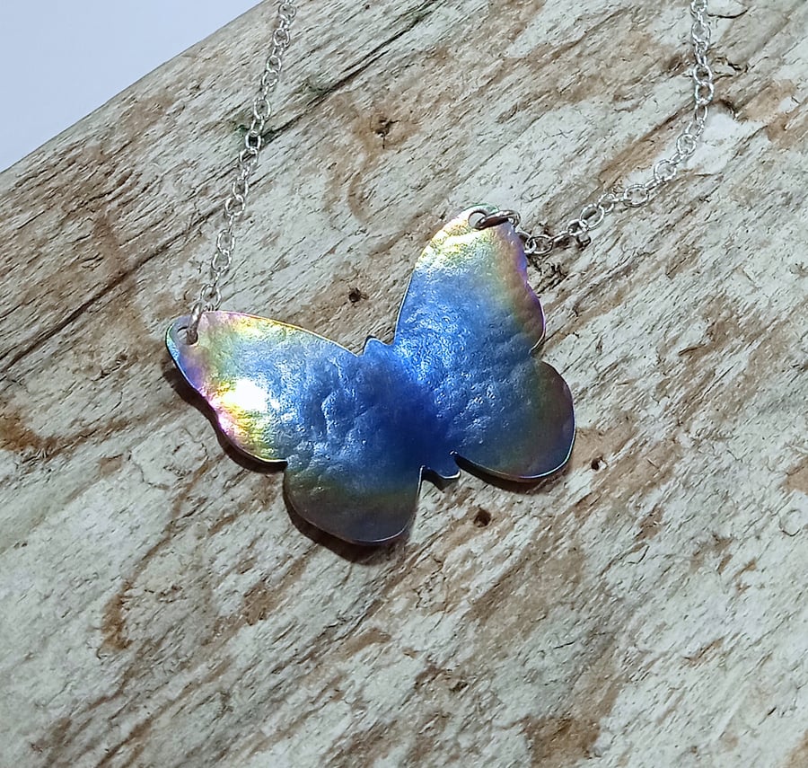 Coloured Titanium Blue Rainbow Butterfly Necklace - UK Free Post