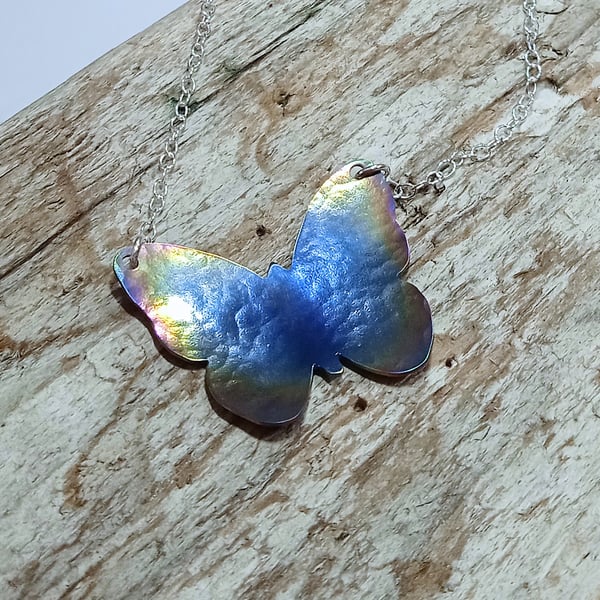 Coloured Titanium Blue Rainbow Butterfly Necklace - UK Free Post