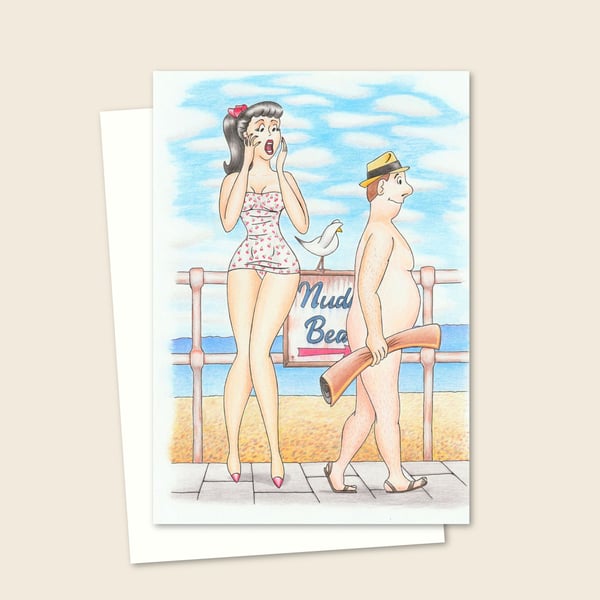 Nudist Beach Greetings Card, Featuring Hand Drawn Postcard Style Artwork (802)