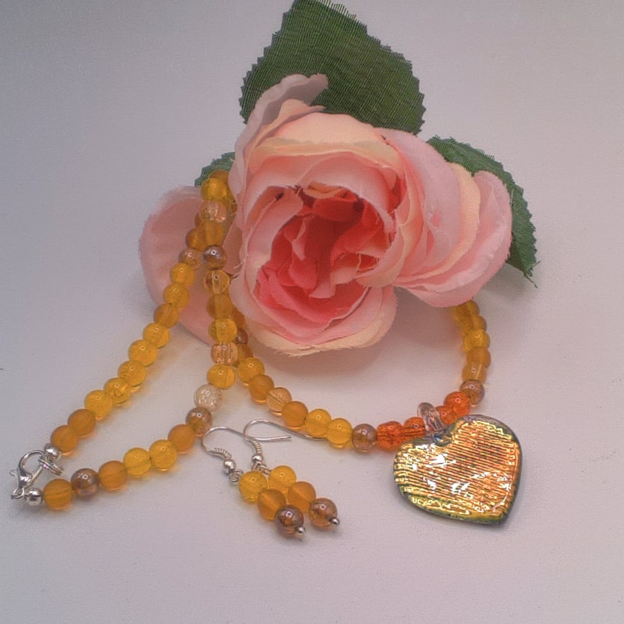Orange Glass Heart on a Beaded Necklace with Matching Earrings, Gift for Her