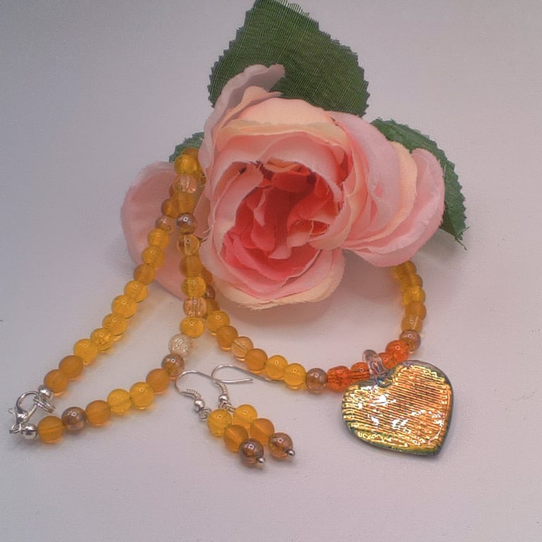 Orange Glass Heart on a Beaded Necklace with Matching Earrings, Gift for Her