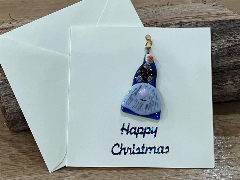 Unique Handcrafted Christmas Gnome Card with Artisan Fused Glass Tree Decoration