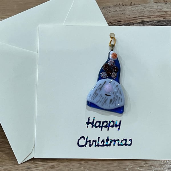 Unique Handcrafted Christmas Gnome Card with Artisan Fused Glass Tree Decoration