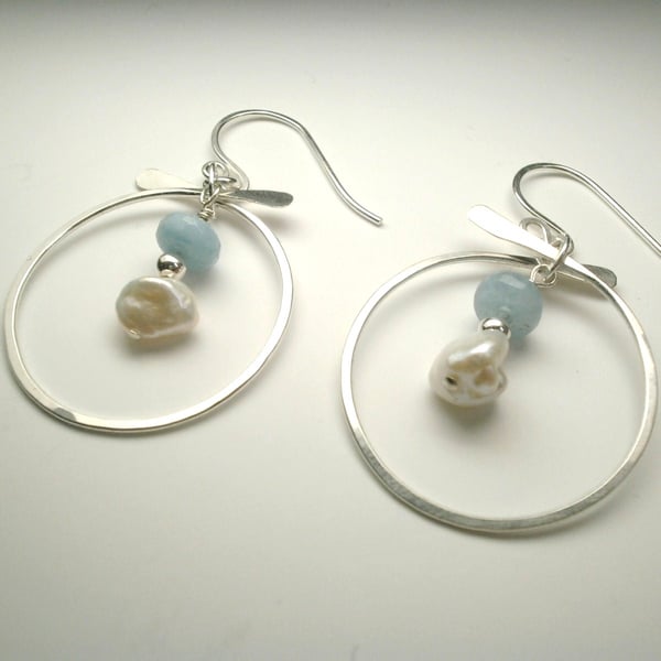 Silver, Aquamarine & Keishi Pearl Bow Earrings
