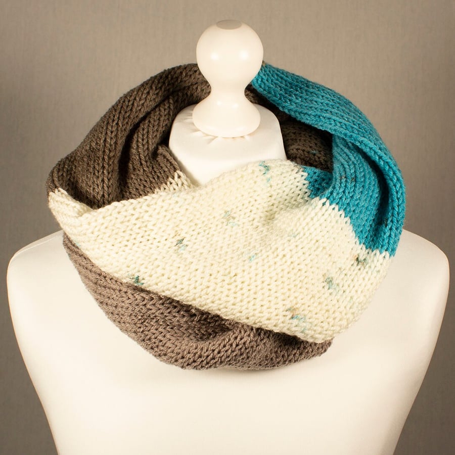 Grey, White and Blue Knitted Infinity Scarf