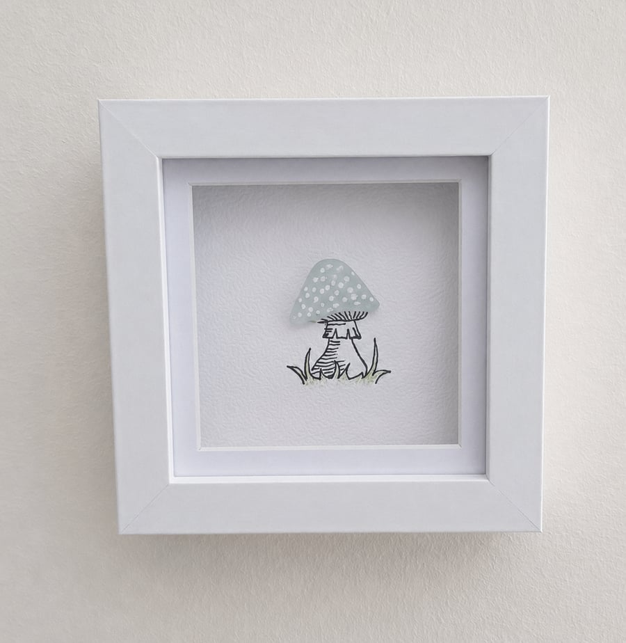 Sea Glass Toadstool Wall Art - Handmade 10 x 10 cm Shadow Box Frame