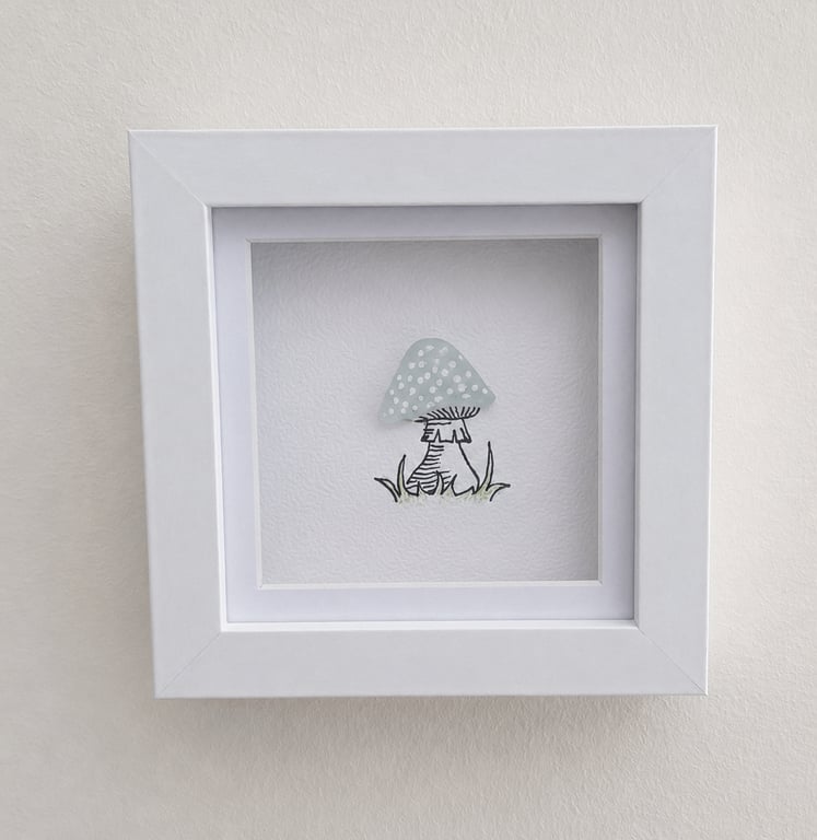 Sea Glass Toadstool Wall Art - Handmade 10 x 10 cm Shadow Box Frame