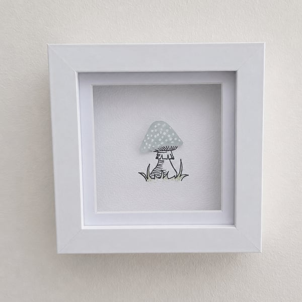 Sea Glass Toadstool Wall Art - Handmade 10 x 10 cm Shadow Box Frame