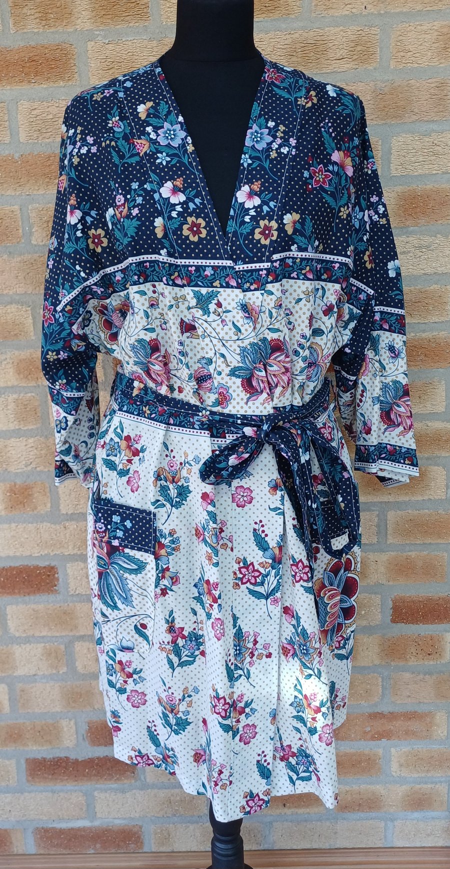 Bath robe upcycled textile kimono style blue and cream floral dressing gown