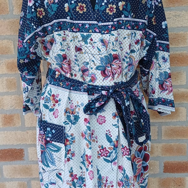 Bath robe upcycled textile kimono style blue and cream floral dressing gown