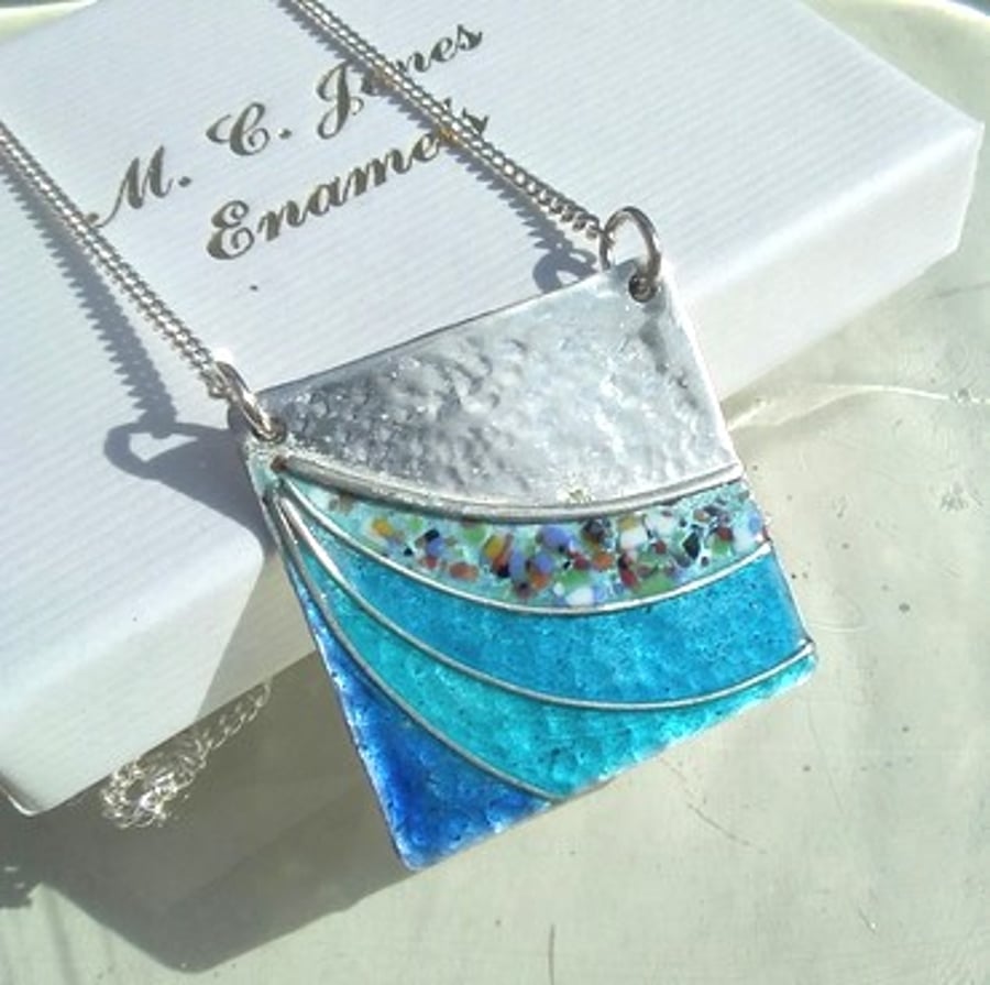 FINE SILVER ENAMELLED NECKLACE - SHORELINE DESIGN - 30MM X 30MM - STUNNING!