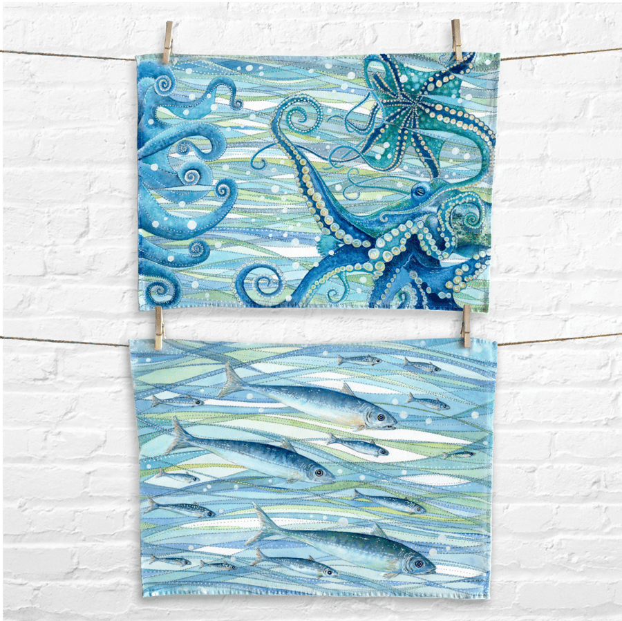 Seaside Tea Towel x2 Fish and Octopus Coastal Kitchen Cotton Nautical Decor Art
