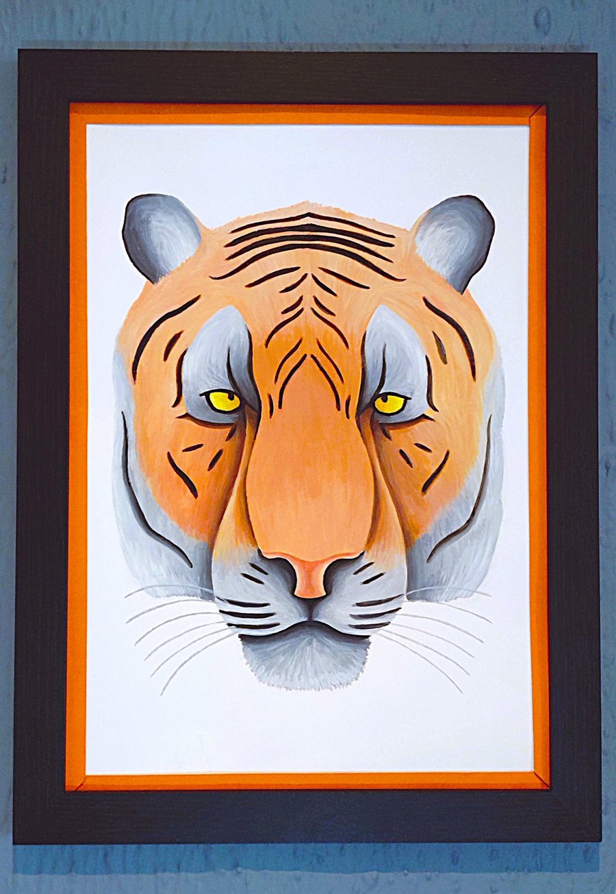 Handmade Unique Framed A3 Print Colourful Tiger Head Orange Border Wallart Gift