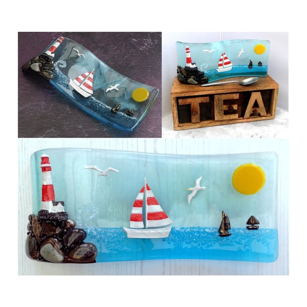 Handmade Fused Glass 3D Lighthouse & Sailing Boats Free Standing Curved Picture 