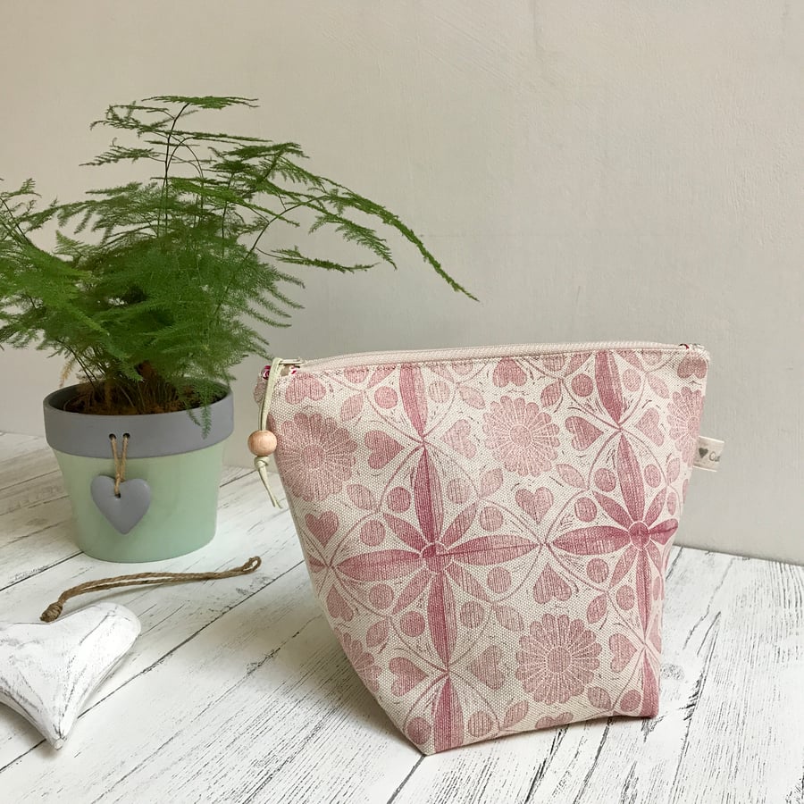 Hand Printed Linen Wash Bag, Toiletry Bag, Accessory Bag