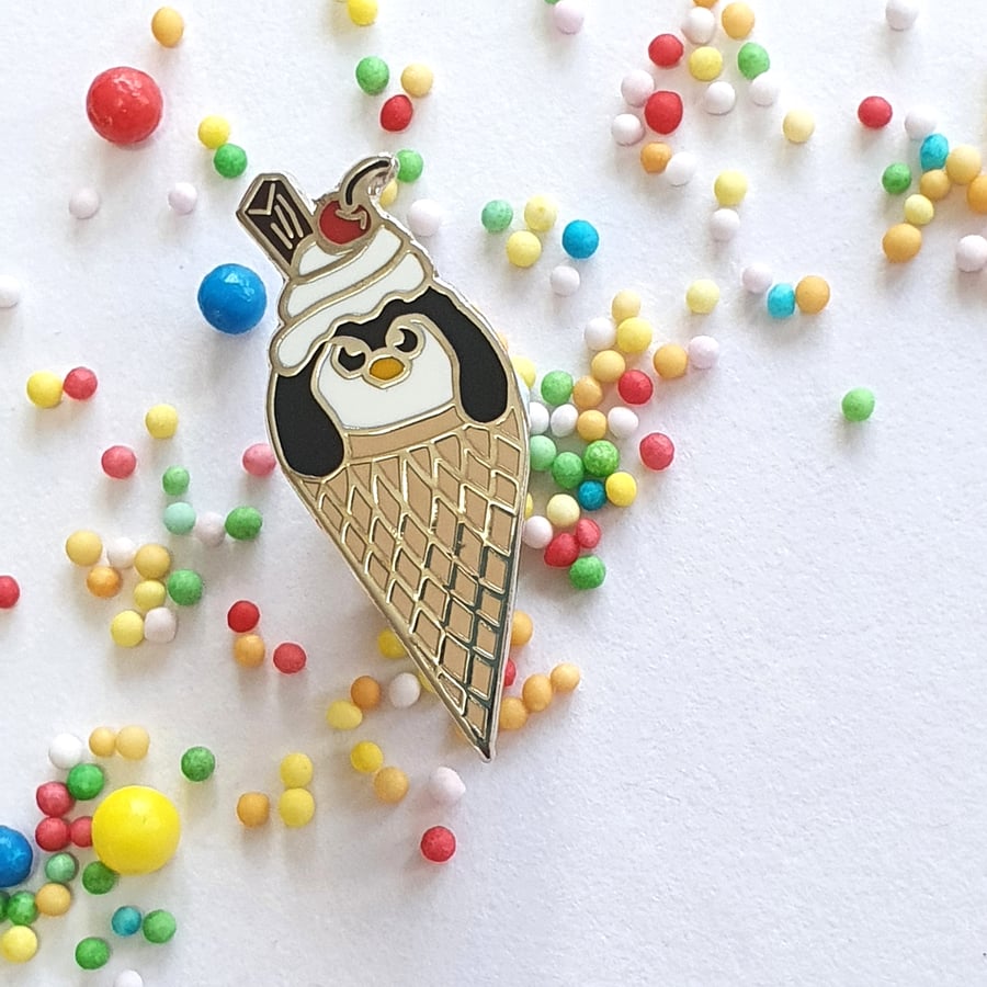 Ice Cream Penguin Pin Badge Enamel Brooch Penguin in an Ice Cream Cone Yum!