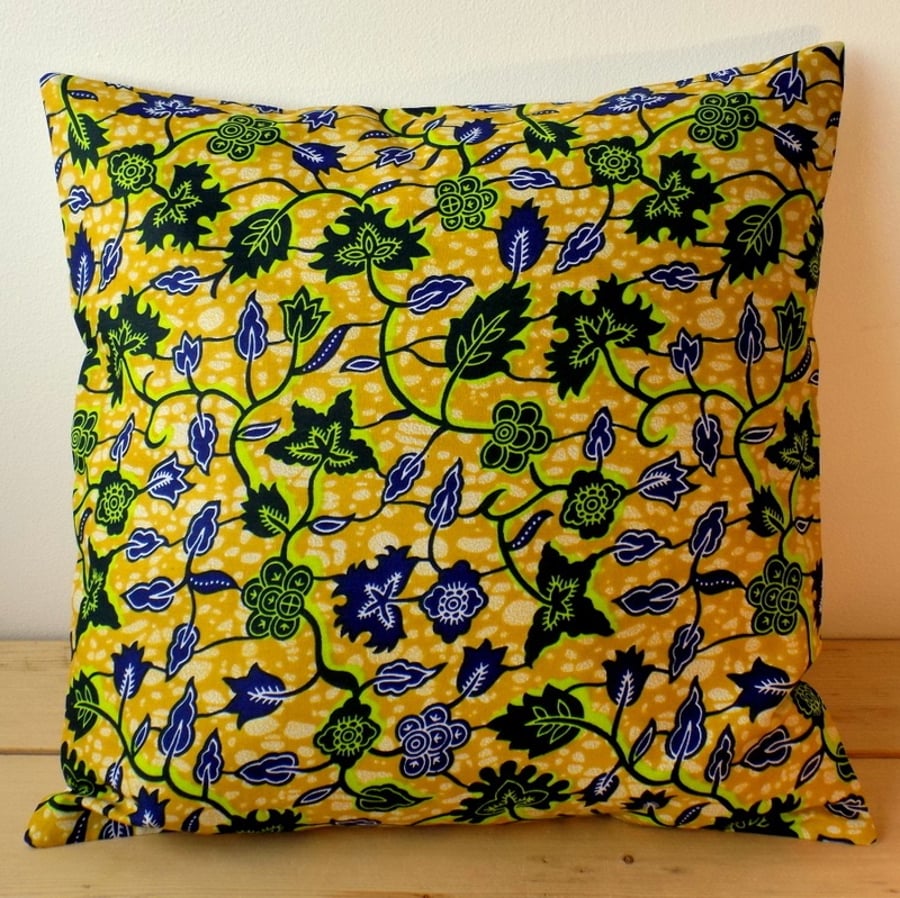 Cushion cover. African wax print, indigo and lime on mustard