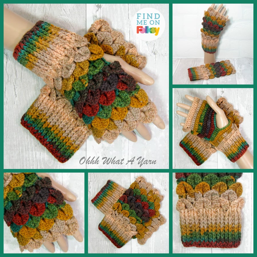 Autumn shades dragon scale gloves. Fingerless gloves. Crocodile stitch. 