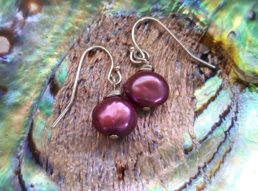 Sterling Silver and Pearl Drop Earrings, Fuchsia