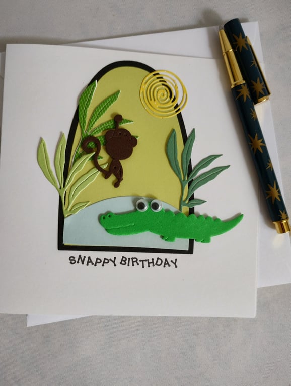SNAPPY Birthday a cute crocodile with googly eyes and a cheeky monkey 