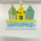 Fused glass beach huts stand up ornament 