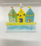 Fused glass beach huts stand up ornament 