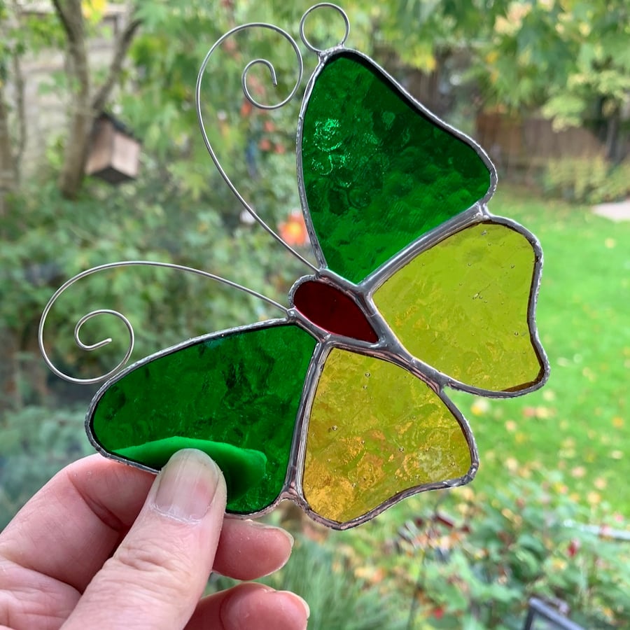 Stained Glass Butterfly Suncatcher - Handmade Decoration - Green and Amber
