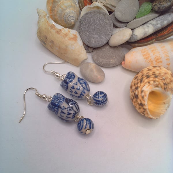 White and Blue Ceramic Owl Bead Earrings, Gift for Her, Owl Earrings, Earrings